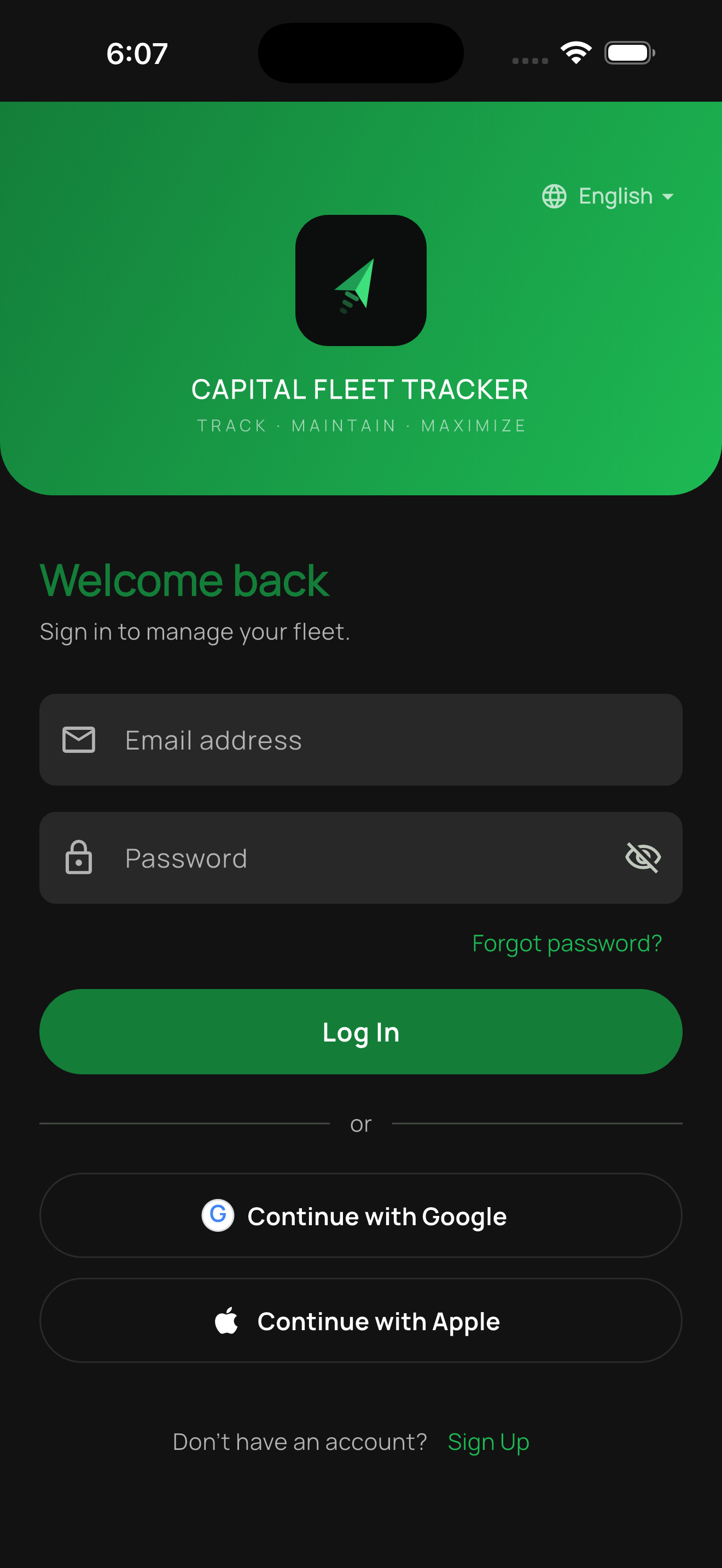 Auto Amigos sign-in screen on iPhone